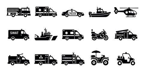 Obraz premium Emergency services design icons with fire engine, ambulance and police car for infographic design in solid glyph style