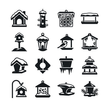 Winter Birdhouse and Feeder Icon Set for Seasonal Design