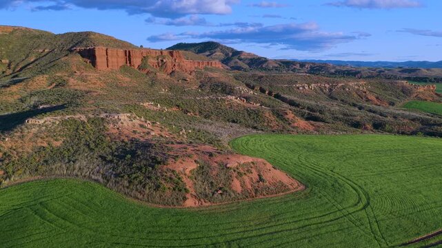 Winter landscape in the Far West Atecano and the Sierra de Armantes. Aerial view from drone of erosion formations. Calatayud region. Zaragoza Province. Aragon. Spain. Europe