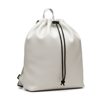 Minimalist white drawstring backpack standing upright
