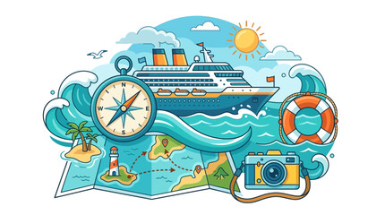 Obraz premium Summer Cruise Vacation Concept with Ship Compass Map and Camera Illustration