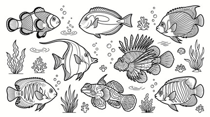 Obraz premium Collection of Hand-Drawn Marine Fish and Underwater Plants in Black and White.