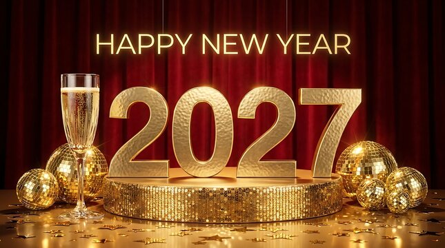 Happy new year 2027 sign with champagne glass and golden disco balls on a red velvet stage celebration champagne sparkling