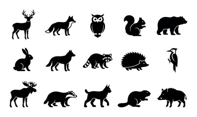 Fototapeta premium Forest animals vector icons with deer, fox and owl for infographic design in clean silhouette style.