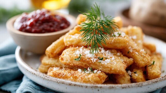 A mouthwatering platter of golden fried snacks served with a rich dipping sauce, presenting a delightful culinary experience that excites the taste buds for shared enjoyment.