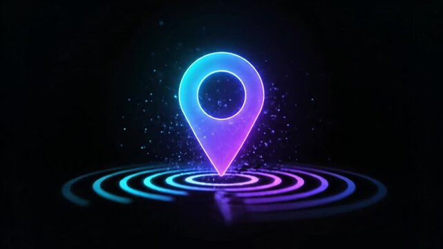 Neon GPS Location Pin with Digital Tracking Signal on Black Background, Geolocation and Navigation Technology Animation. 