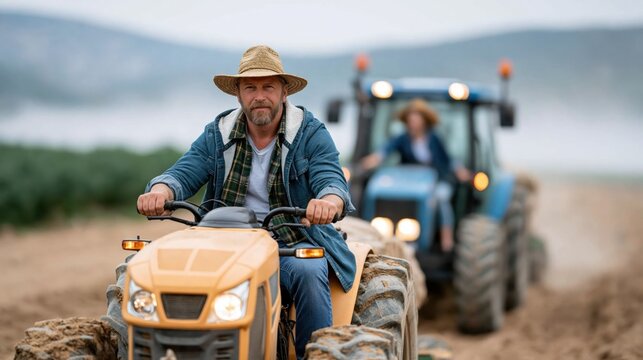A hardworking farmer operates a tractor in expansive fields, representing agriculture and dedication, showcasing the rustic beauty of rural life and the importance of farming.