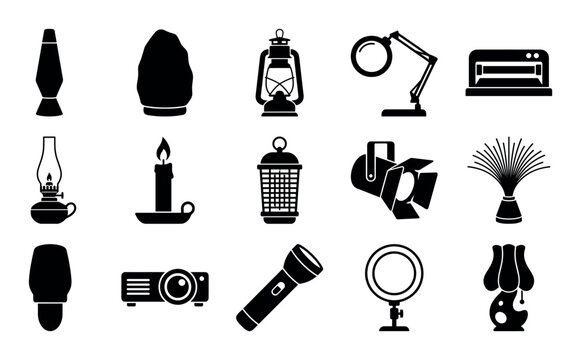 Specialty lamps vector icons with lava lamp, UV lamp and projector lamp for web design in silhouette style