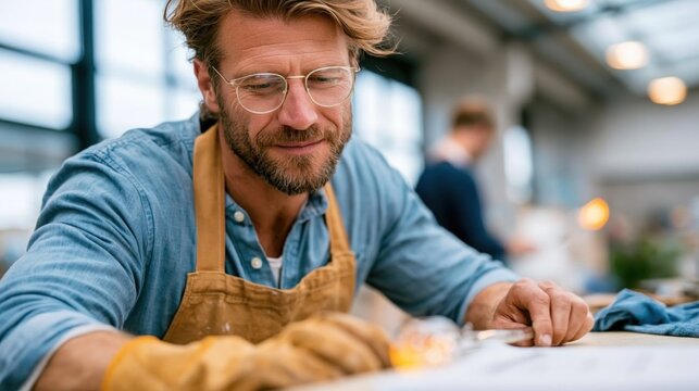A diligent craftsman demonstrating artistry and skill as he meticulously works on a woodworking project, showcasing creativity and craftsmanship in a workshop environment.