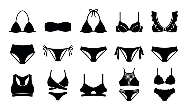 Bikini swimsuits vector icons with triangle bikini top, high-waisted bikini bottoms and ruffled bikini top for mobile app design in silhouette style