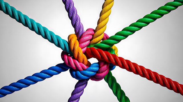 Colorful ropes intertwined in a strong knot on a white background