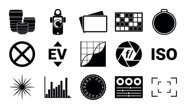 Photographic color correction vector icons with camera lenses, light meters and color charts for infographic design in solid glyph style