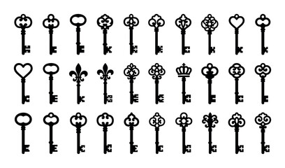 Fototapeta premium Vintage key design icons with skeleton keys, door keys and ornate keys for graphic design in silhouette style.