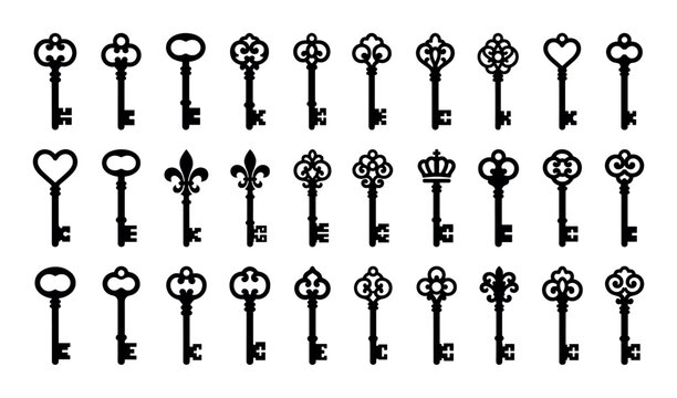 Vintage key design icons with skeleton keys, door keys and ornate keys for graphic design in silhouette style.