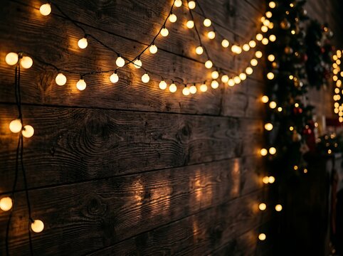 Warm string lights wrapped around rustic wooden wall surface