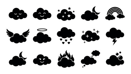 Obraz premium Dreamy cloud elements vector icons with smiles, stars and rain for mobile app design in silhouette style