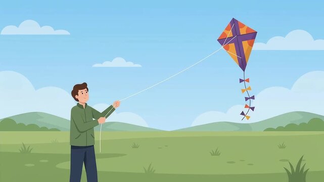 Person Flying Kite in Open Field Flat Vector Animation