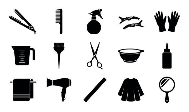 Keratin treatment tools vector icons with hair straightener, comb and spray bottle for UI elements design in silhouette style
