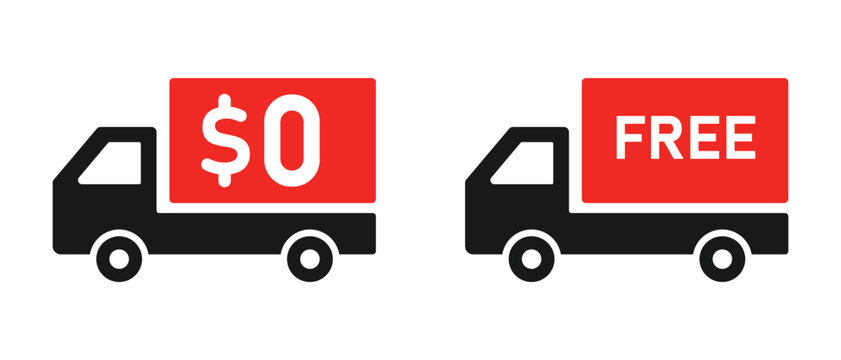 Free shipping delivery truck vector icon set showing zero dollar cost and free delivery text for e-commerce website design