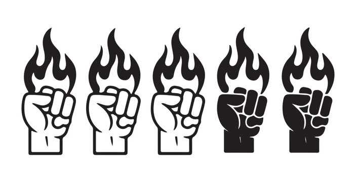 Fist with fire flame icon set black silhouette graphic for revolution protest power strength art.