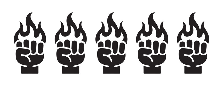Fist with fire flame icon set represents power strength and motivation for protest or sport design.