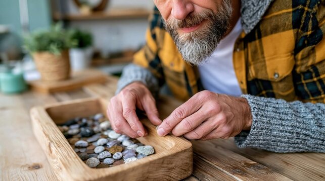 A focused man carefully arranges an assortment of colorful stones in a wooden tray, showcasing both his meticulous attention to detail and connection to nature and artistry.