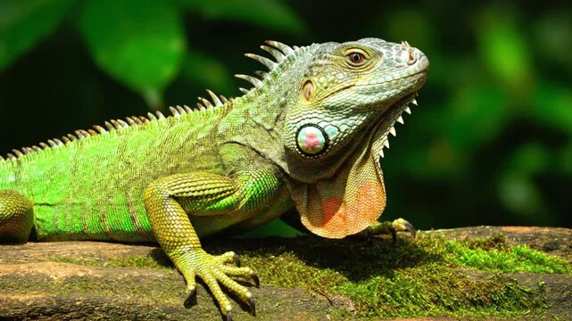 High-Definition Close-up of a Vibrant Green Iguana Perched on a Mossy Tree Branch in a Lush Jungle Setting
