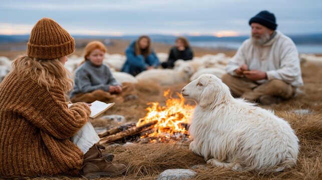 A warm and cozy gathering of people around a campfire in a serene landscape, surrounded by sheep and natural beauty, showcasing a connection to nature and tradition.