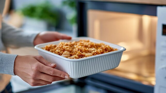 A mouth-watering dish emerges from the microwave, displaying a scrumptious meal that promises comfort and satisfaction, catering to those who love home-cooked delights.