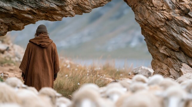 A contemplative shepherd stands amid rocky terrain, overseeing a flock of sheep, symbolizing pastoral life, nature's beauty, and the connection between humans and animals.