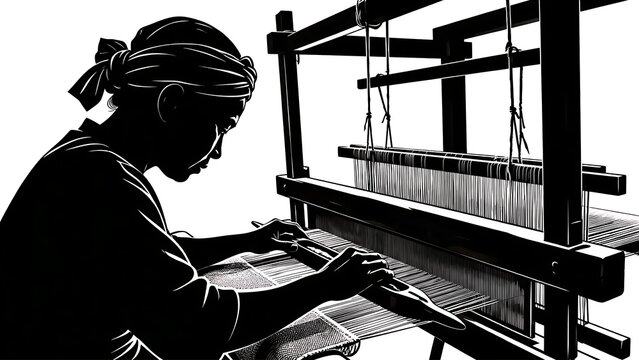 Silhouette of weaver at loom white background.