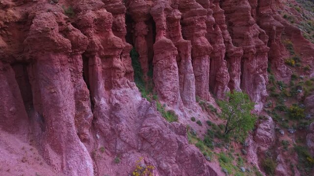 Aerial drone view of the landscape surrounding Tobed Castle and the village of Tobed in the Calatayud region, province of Zaragoza, Castile and Le&oacute;n, Spain, Europe