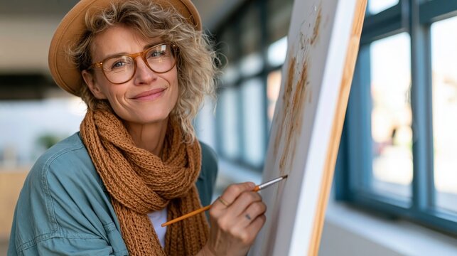 A cheerful artist paints with vibrant colors while smiling, embodying creativity and passion in a well-lit artistic studio that stimulates inspiration and artistic expression.