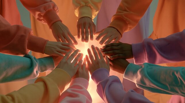 Diverse group of hands touching a glowing center symbolizing unity and teamwork