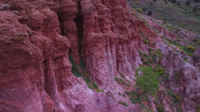 Aerial drone view of the landscape surrounding Tobed Castle and the village of Tobed in the Calatayud region, province of Zaragoza, Castile and Le&oacute;n, Spain, Europe