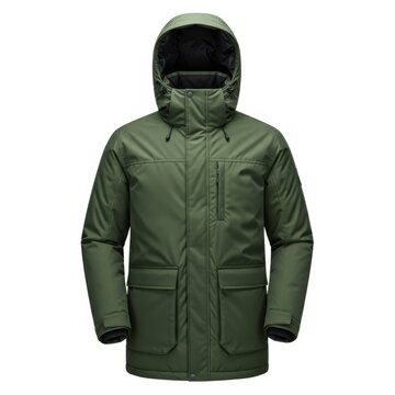 Gray hooded winter parka jacket with hood up