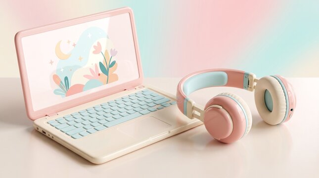 Pastel pink laptop with floral screen displaying creative design next to matching wireless headphones on light wooden surface