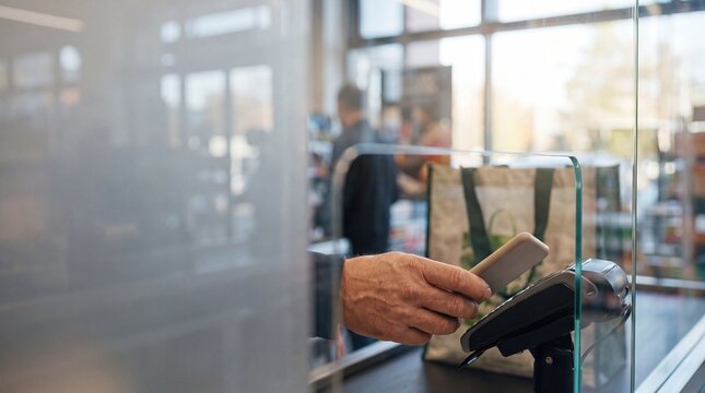 Masculine hand holding a slim modern smartphone while performing a contactless payment transaction at a grocery store checkout point using an advanced digital terminal reader with sleek metallic finis