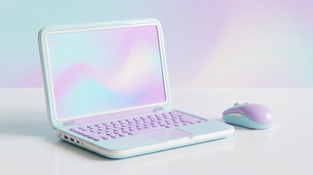 Pastel pink laptop and wireless mouse on clean workspace for creative productivity