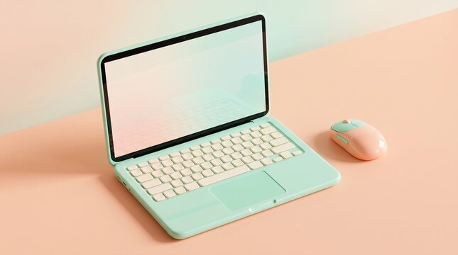 Pastel mint laptop with wireless mouse on clean workspace for creative productivity