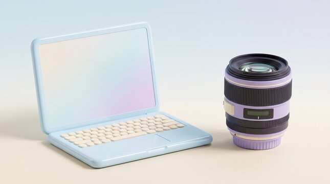Pastel blue laptop and camera lens on a soft gradient background with copy space