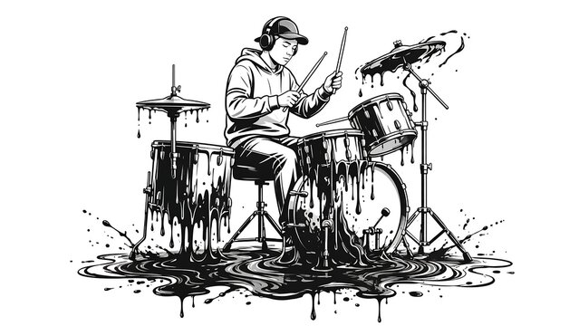 Drummer playing kit white background.