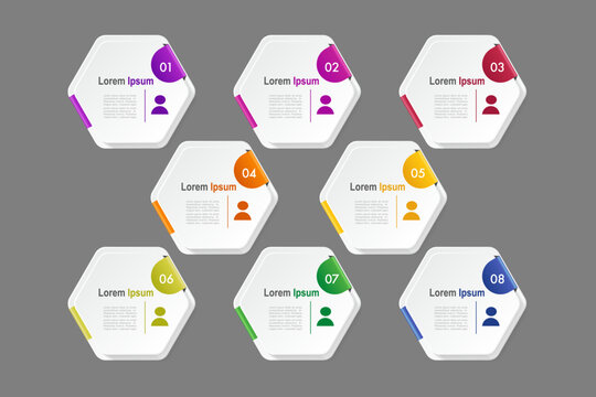 infographic elements template, business concept with 8 steps, hexagon shapes design with multi gradient color label for workflow layout, diagram, annual report, vector