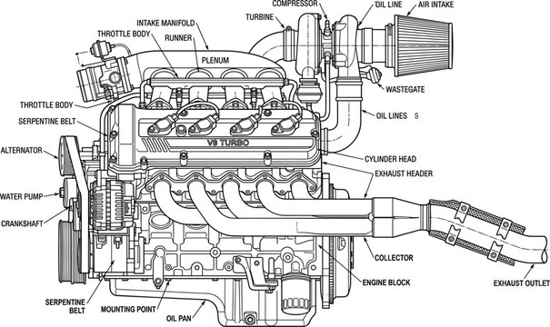Labeled V8 turbo engine schematic diagram showing internal automotive components with text pointers vector line art illustration