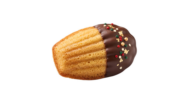 Christmas christmas themed madeleine cake dipped in chocolate with colorful sprinkles isolated on transparent background