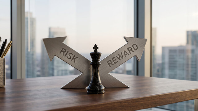 Risk and reward decision making concept with chess king and arrows