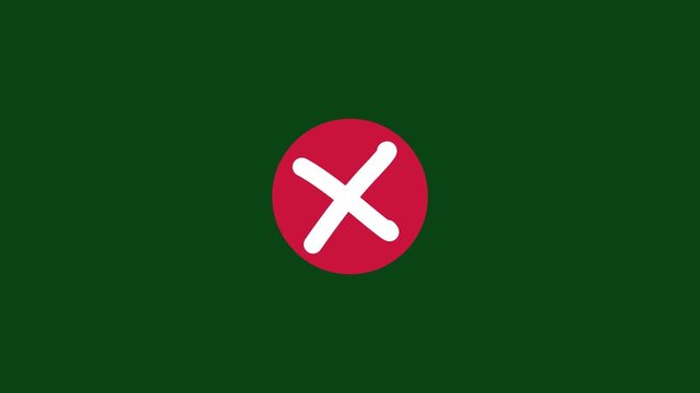 Animated red circle with white cross symbolizing error, rejection, or denial on a solid dark green background, user interface feedback, digital notifications, and interactive web