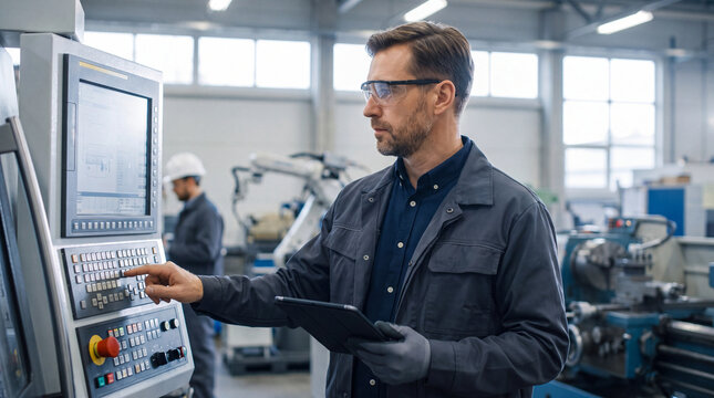 Engineer operating CNC machine control panel while holding tablet in bright industrial workshop with machinery in background