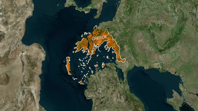 Greece country map highlighted in orange color animation showing geopolitical borders on satellite terrain video footage