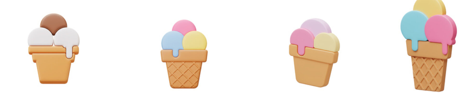 Set of four 3d ice cream cone icons isolated on transparent background